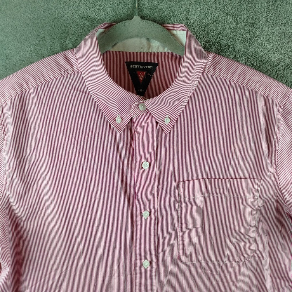 SCOTTeVEST Tec Shirt Red Striped Mens M Travel Hidden Pockets Button‎ Down SeV